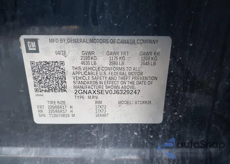 2018 Chevrolet Equinox Lt z USA, uszkodzony, nr VIN 2GNAXSEV0J6329247